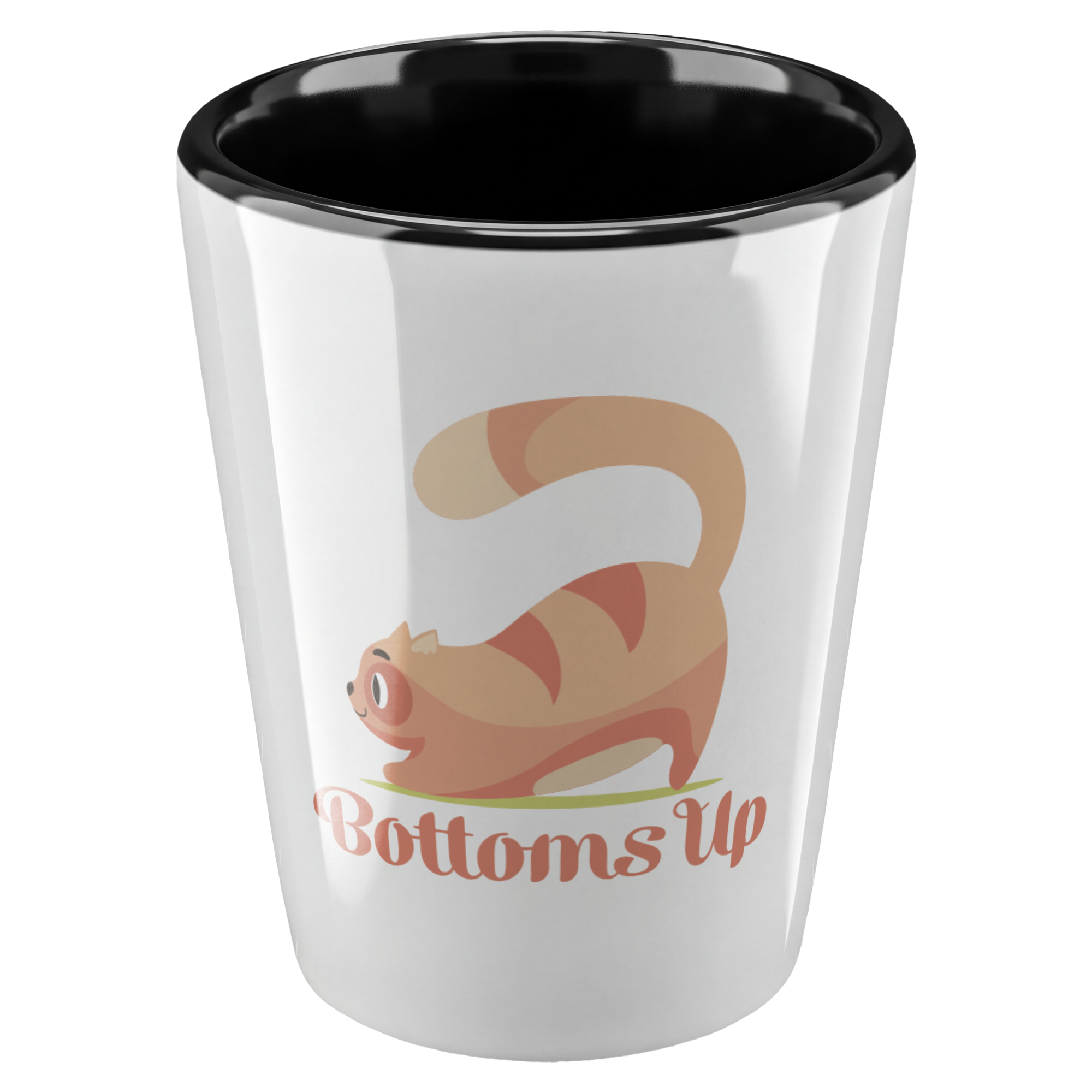 Ceramic Shot Glass – Ceramic Shot Glass with black interior and orange stretching cat print, angled view – Main Angle view