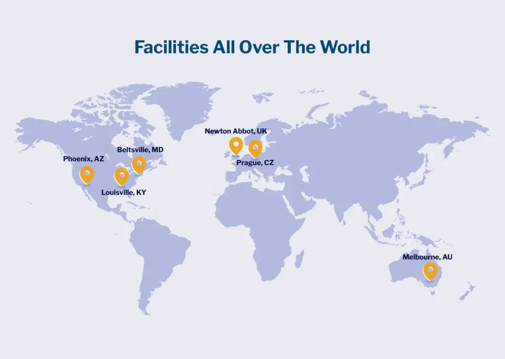 World map showing teelaunch's production facility locations across the US, UK, and Australia